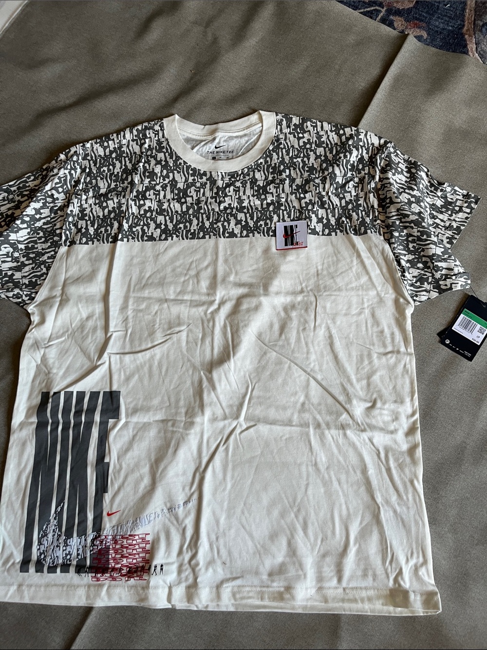 Nike White Crew Short-Sleeve Graphic Tee with Gray Camo Yoke